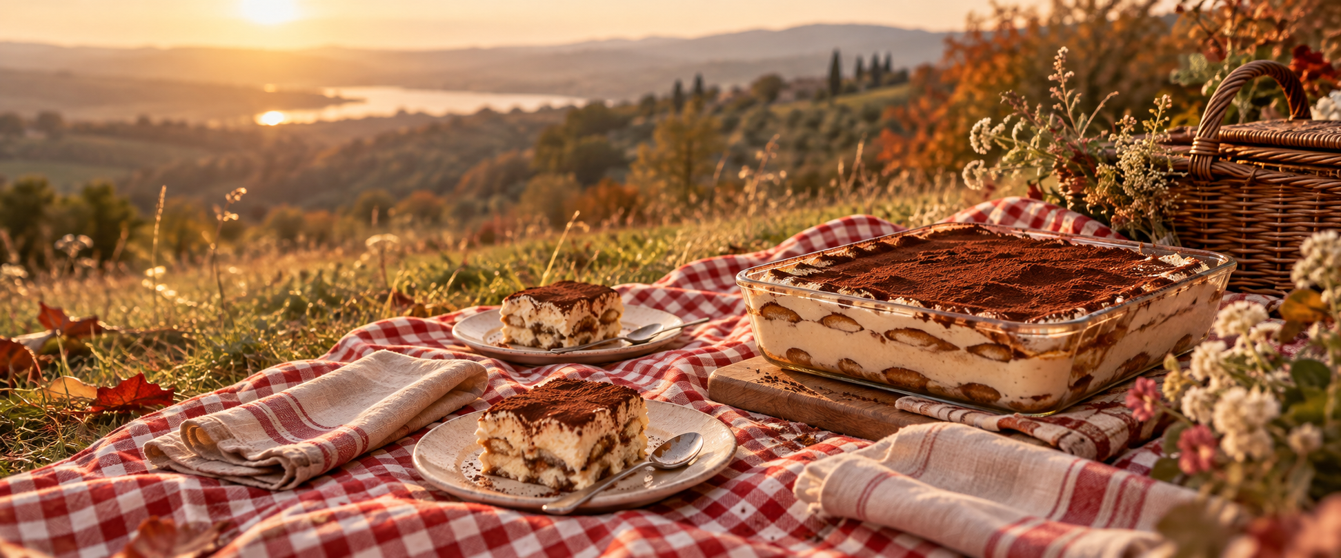 Pique-nique au soleil couchant avec une nappe à carreaux et un tiramisu